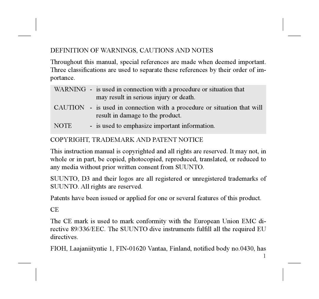 Suunto D3 manual Definition of WARNINGS, Cautions and Notes, COPYRIGHT, Trademark and Patent Notice 