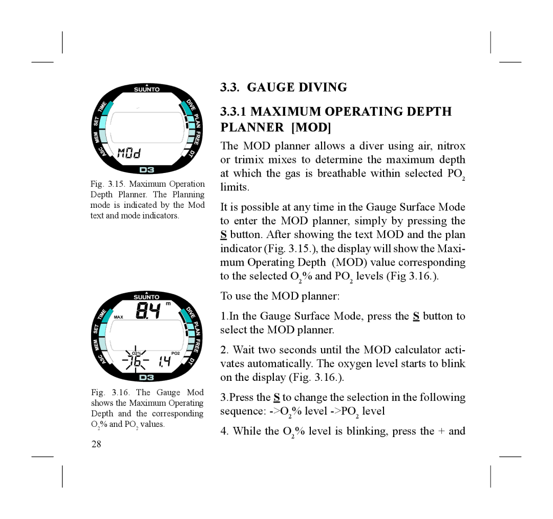 Suunto D3 manual Gauge Diving Maximum Operating Depth Planner MOD 