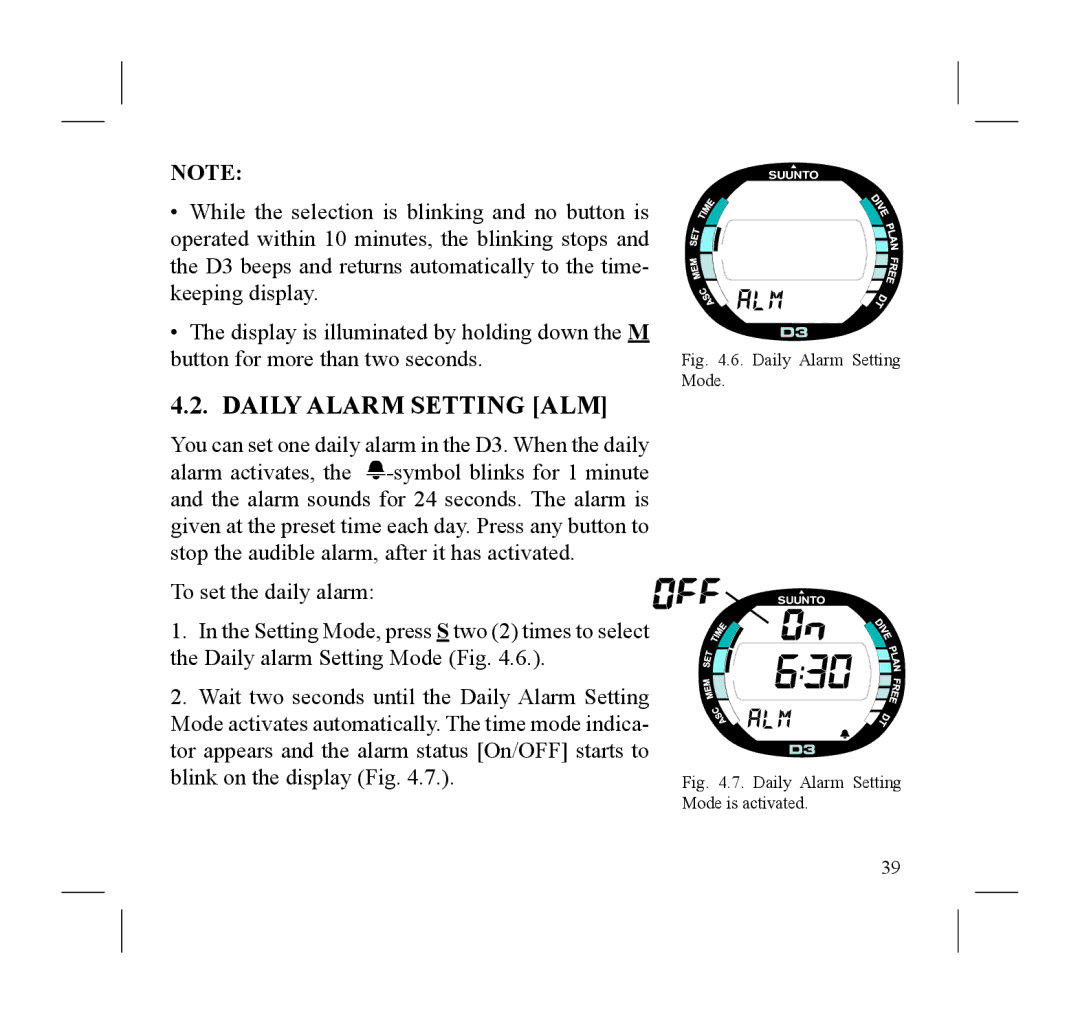 Suunto D3 manual Daily Alarm Setting ALM, Daily Alarm Setting Mode 