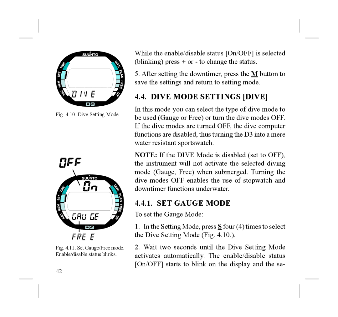 Suunto D3 manual Dive Mode Settings Dive, SET Gauge Mode 