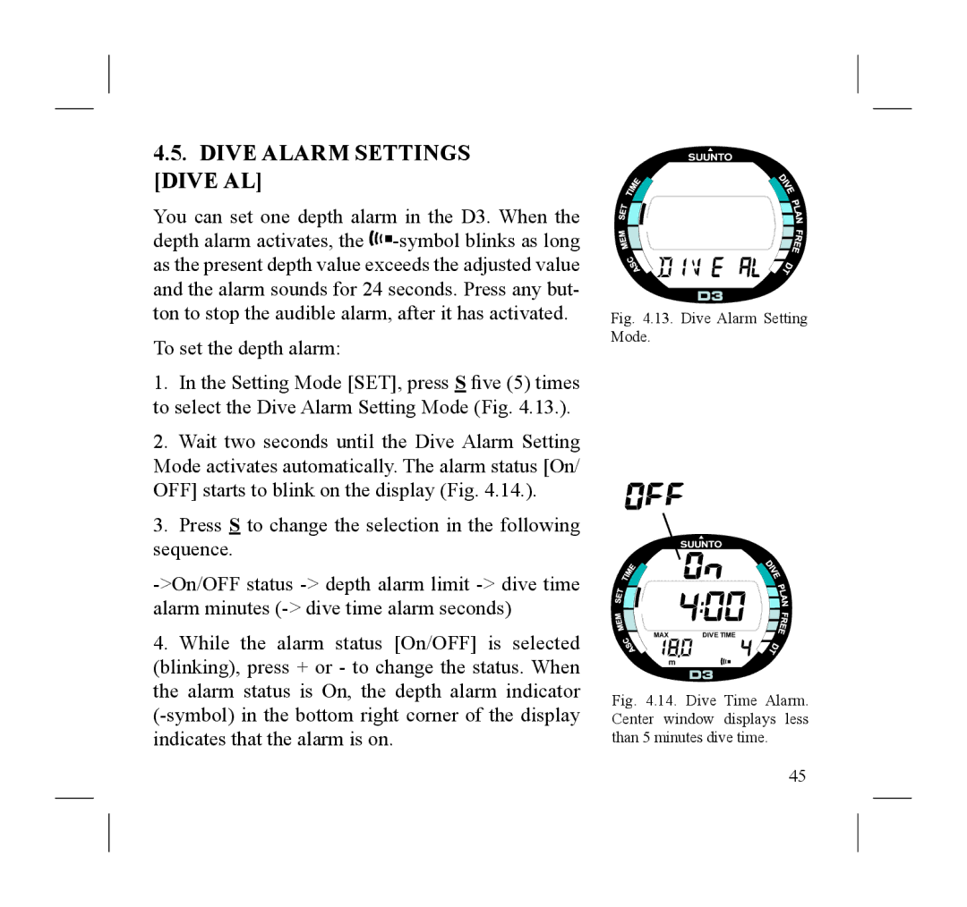 Suunto D3 manual Dive Alarm Settings Dive AL, To set the depth alarm 