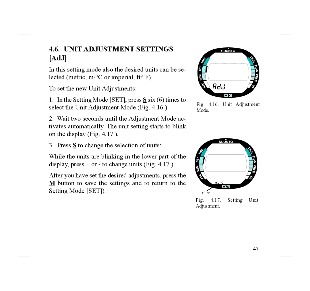 Suunto D3 manual Unit Adjustment Settings AdJ 