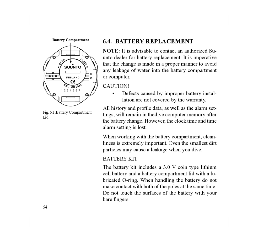 Suunto D3 manual Battery Replacement, Battery KIT 