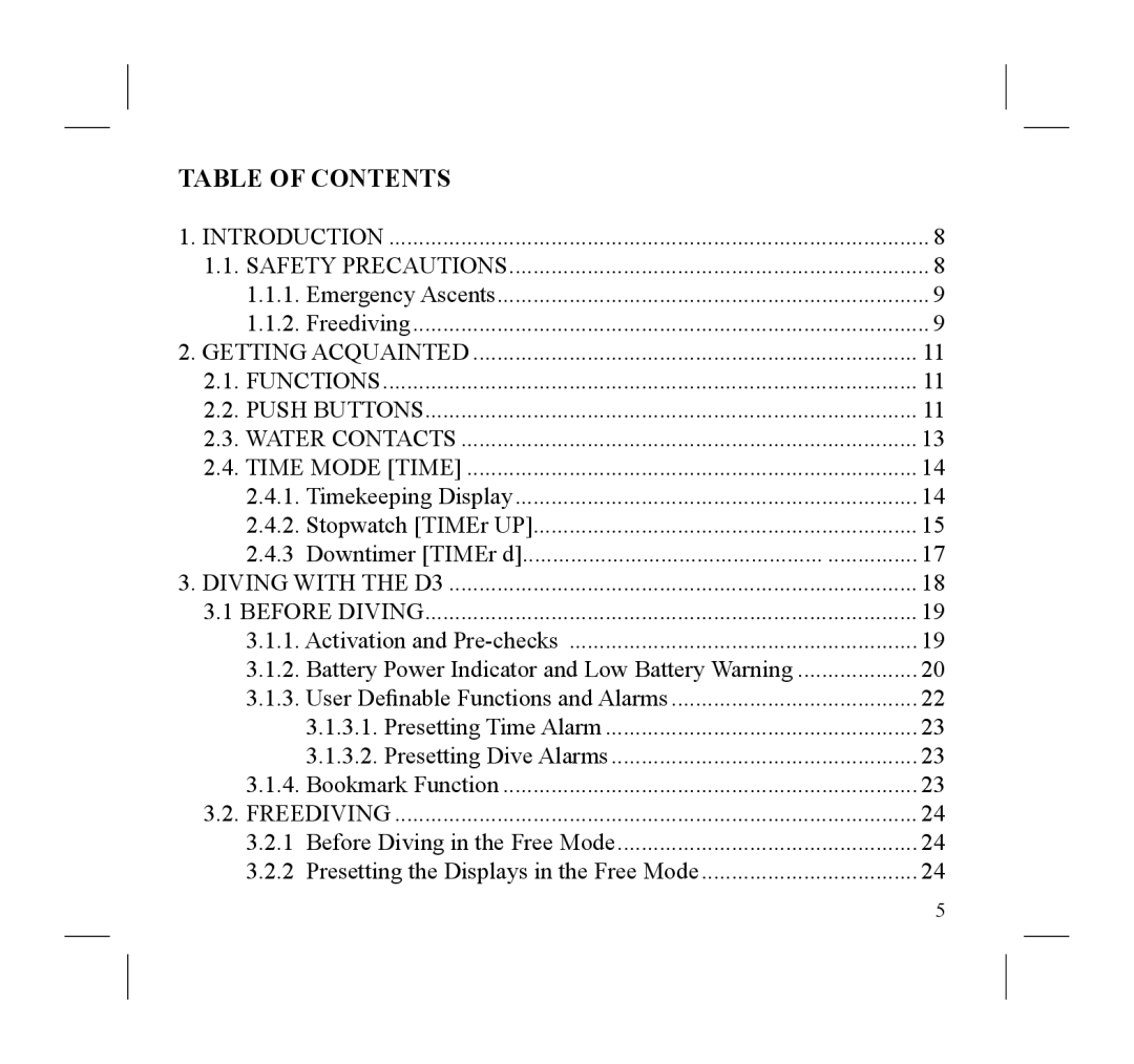 Suunto D3 manual Table of Contents 