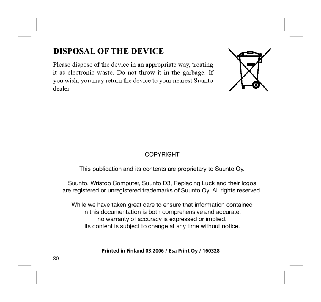 Suunto D3 manual Disposal of the Device, Copyright 