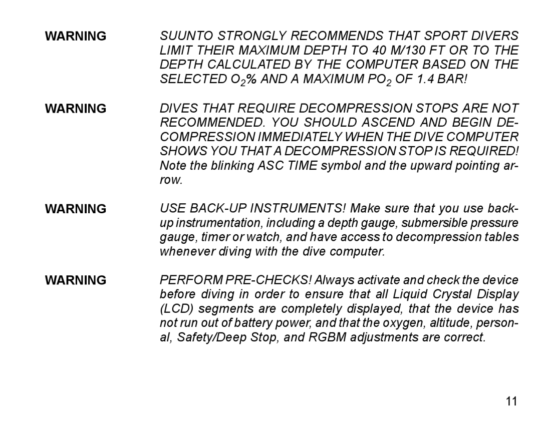 Suunto D4 manual Selected O2% and a Maximum PO2 of 1.4 BAR 