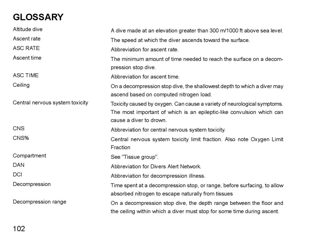 Suunto D4 manual Glossary, Dan Dci 