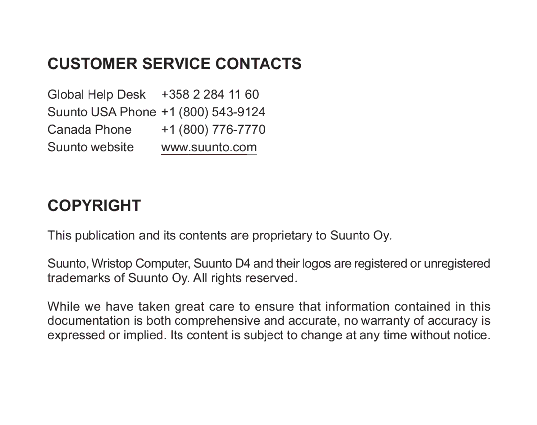 Suunto D4 manual Customer Service Contacts 