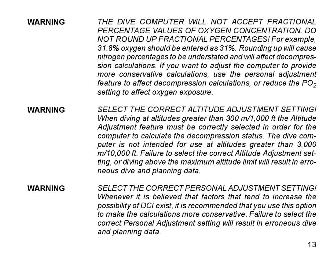 Suunto D4 manual Dive Computer will not Accept Fractional 