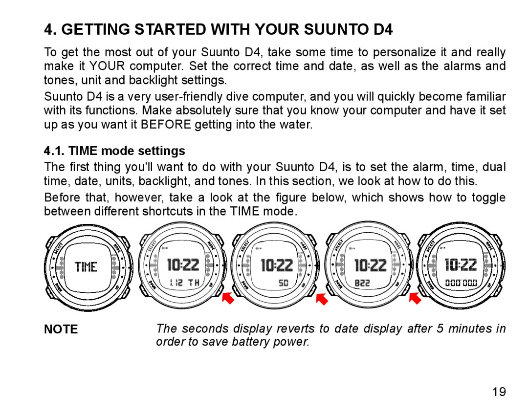 Suunto manual Getting Started with Your Suunto D4, Time mode settings 