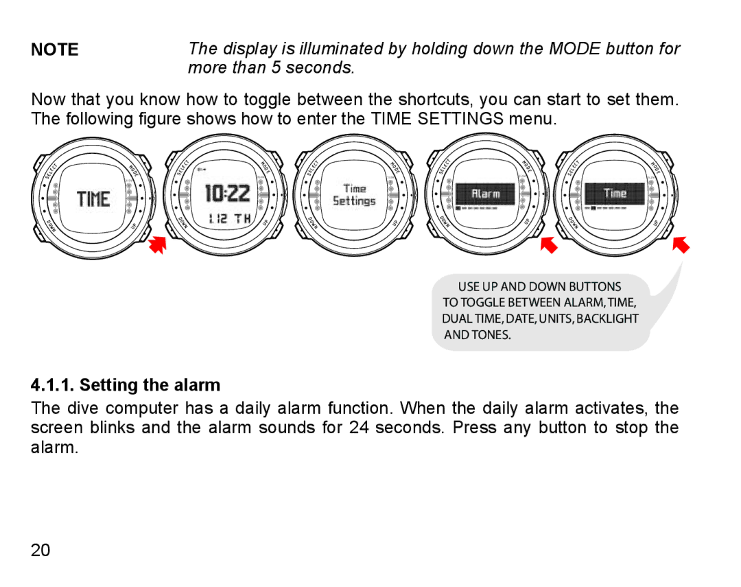 Suunto D4 manual More than 5 seconds, Setting the alarm 