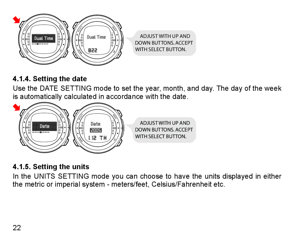 Suunto D4 manual Setting the date, Setting the units 