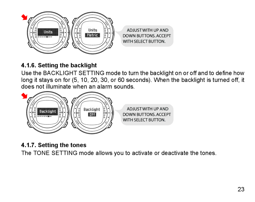 Suunto D4 manual Setting the backlight, Setting the tones 