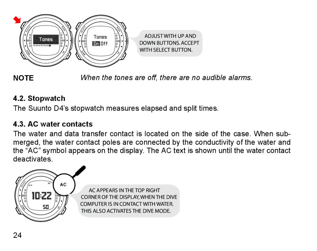 Suunto D4 manual Stopwatch, AC water contacts 