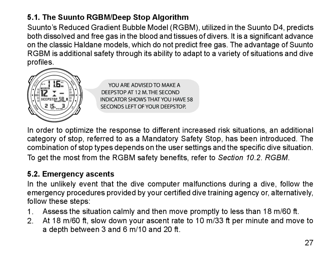 Suunto D4 manual Suunto RGBM/Deep Stop Algorithm, Emergency ascents 