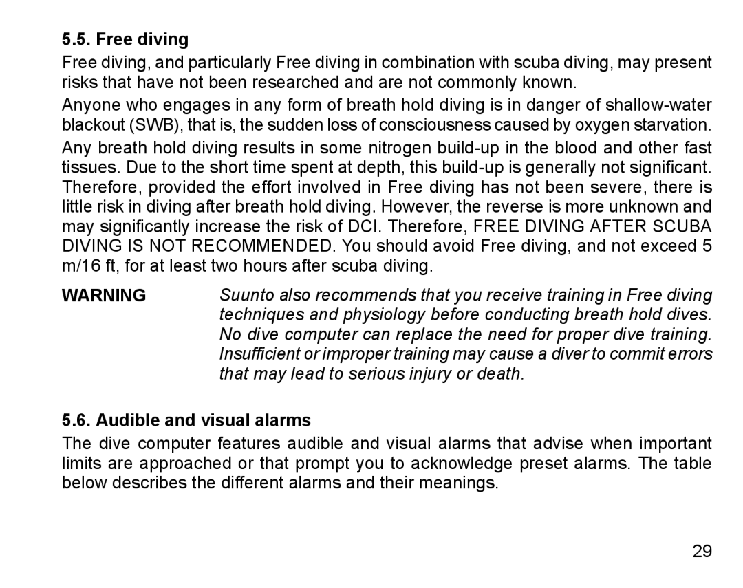 Suunto D4 manual Free diving, Audible and visual alarms 