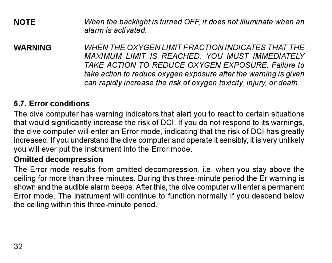 Suunto D4 manual Error conditions, Omitted decompression 