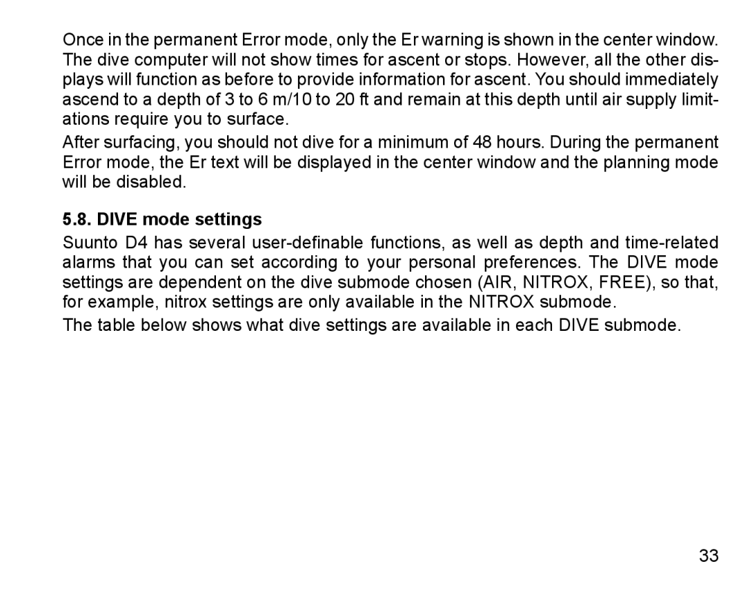 Suunto D4 manual Dive mode settings 