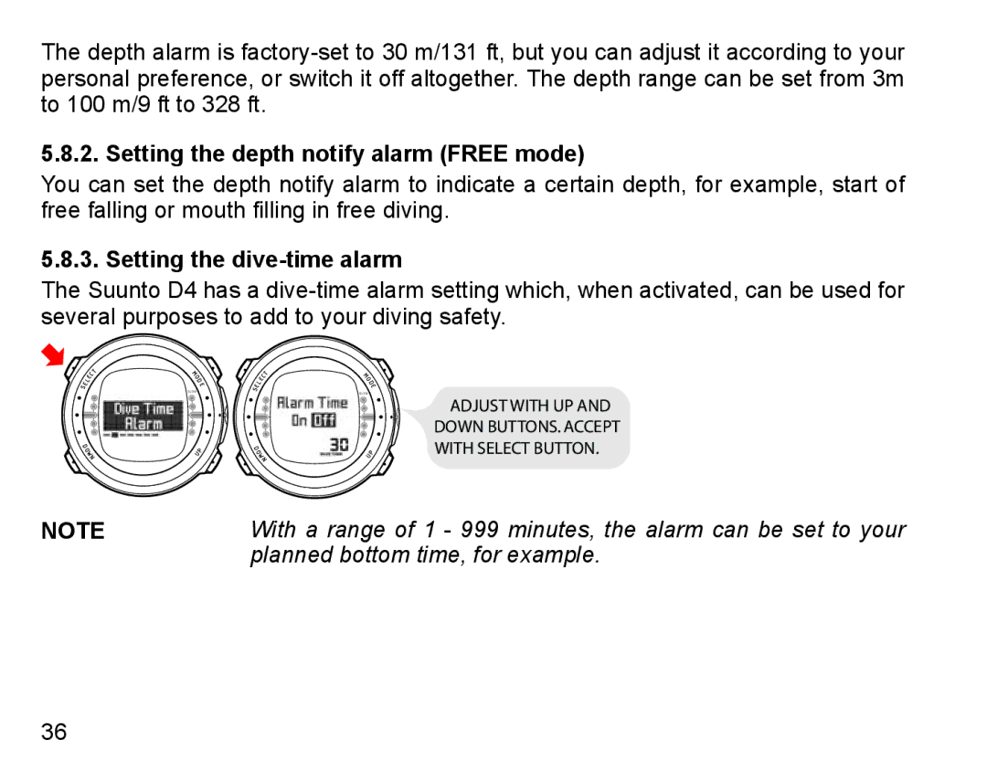 Suunto D4 manual Setting the depth notify alarm Free mode, Setting the dive-time alarm 