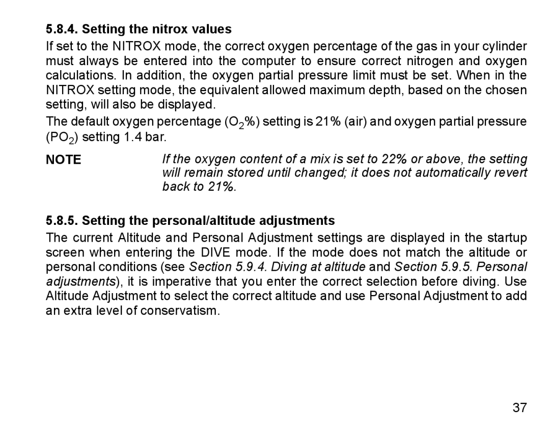 Suunto D4 manual Setting the nitrox values, Setting the personal/altitude adjustments 