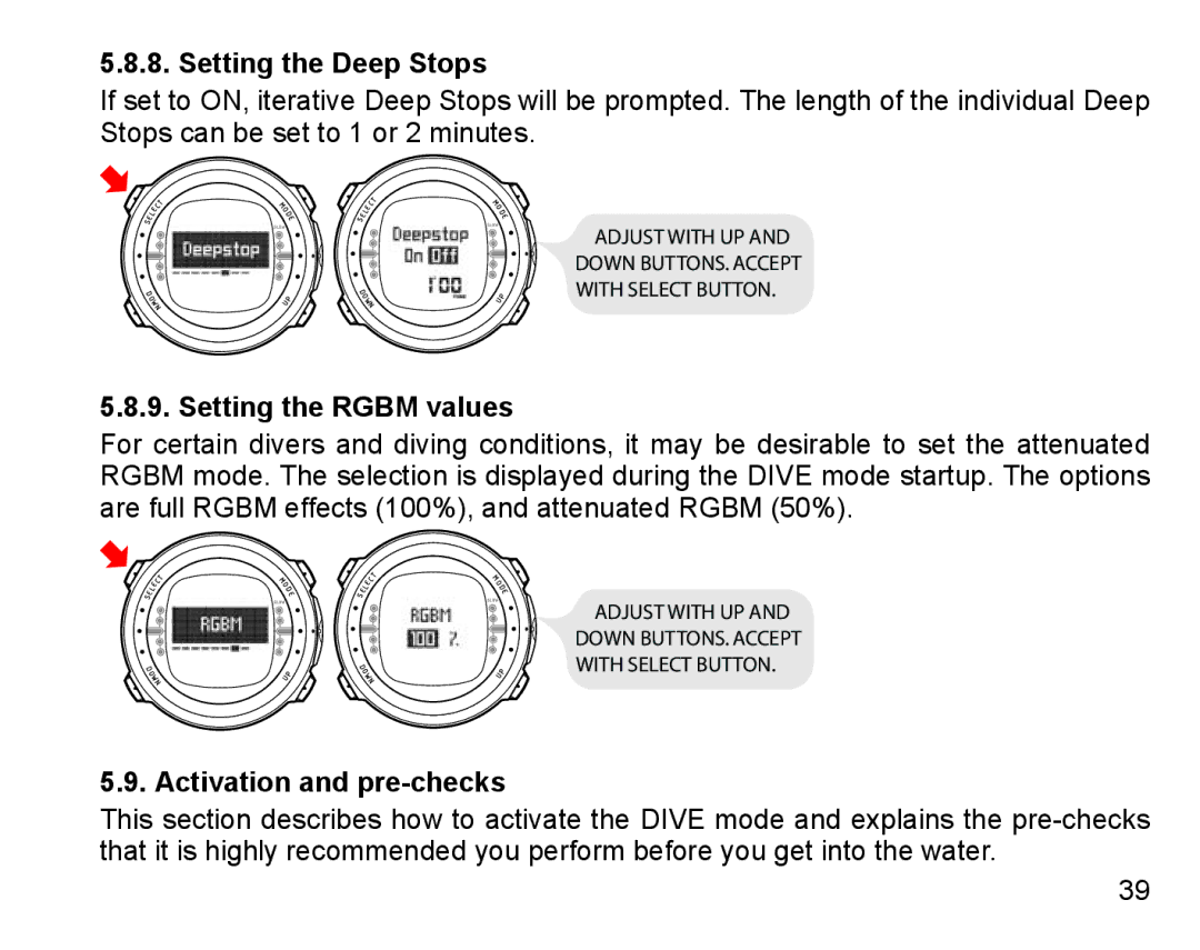 Suunto D4 manual Setting the Deep Stops, Setting the Rgbm values, Activation and pre-checks 