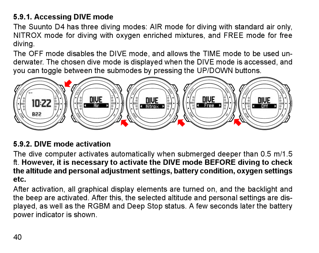 Suunto D4 manual Accessing Dive mode, Dive mode activation 