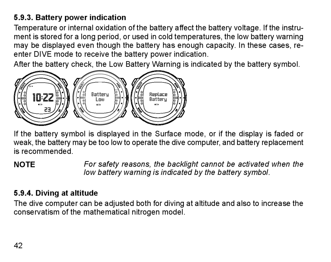 Suunto D4 manual Battery power indication, Diving at altitude 