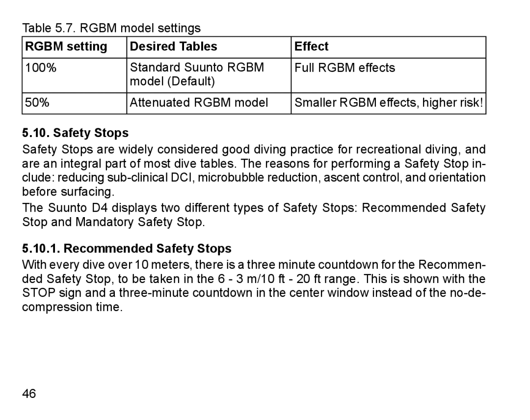 Suunto D4 manual Rgbm setting Desired Tables Effect, Recommended Safety Stops 