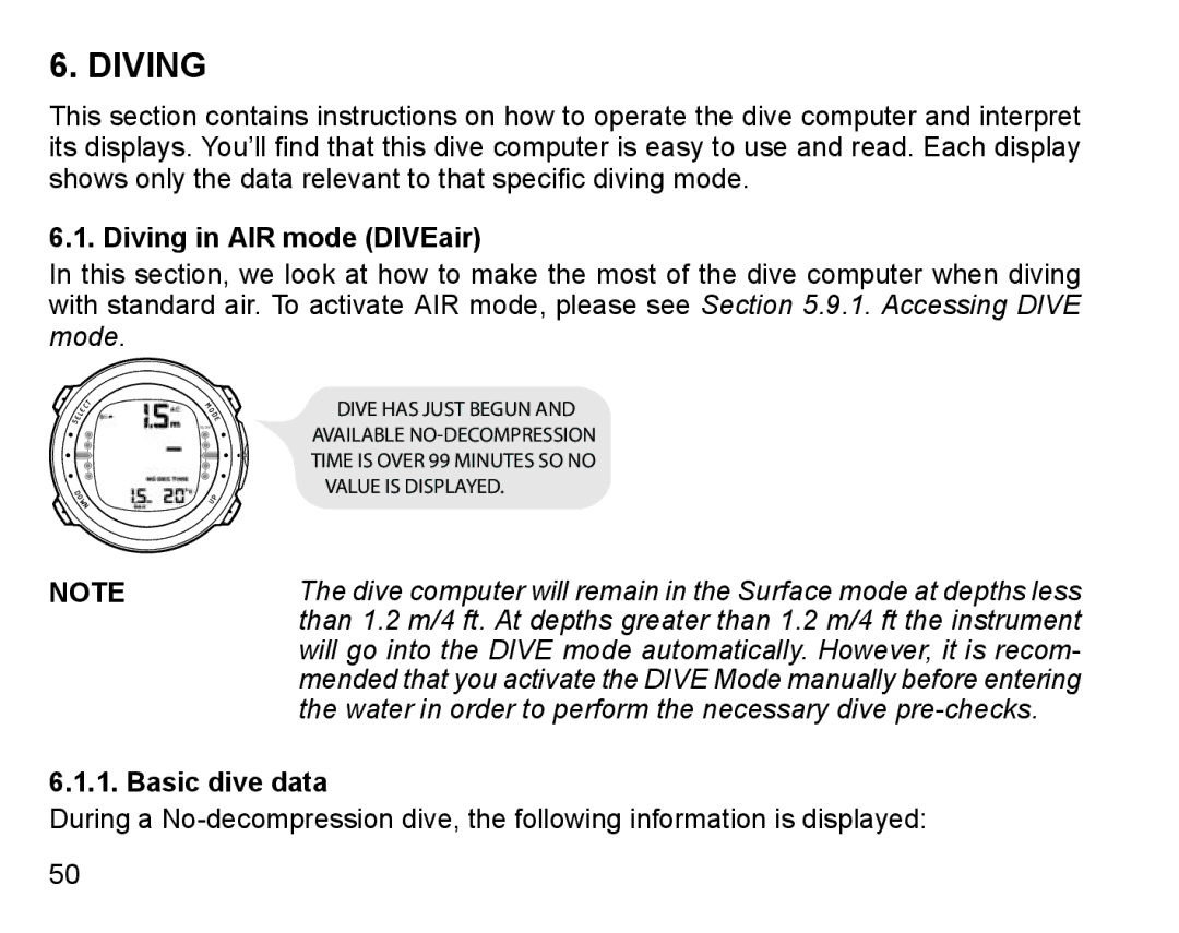 Suunto D4 manual Diving in AIR mode DIVEair, Basic dive data 