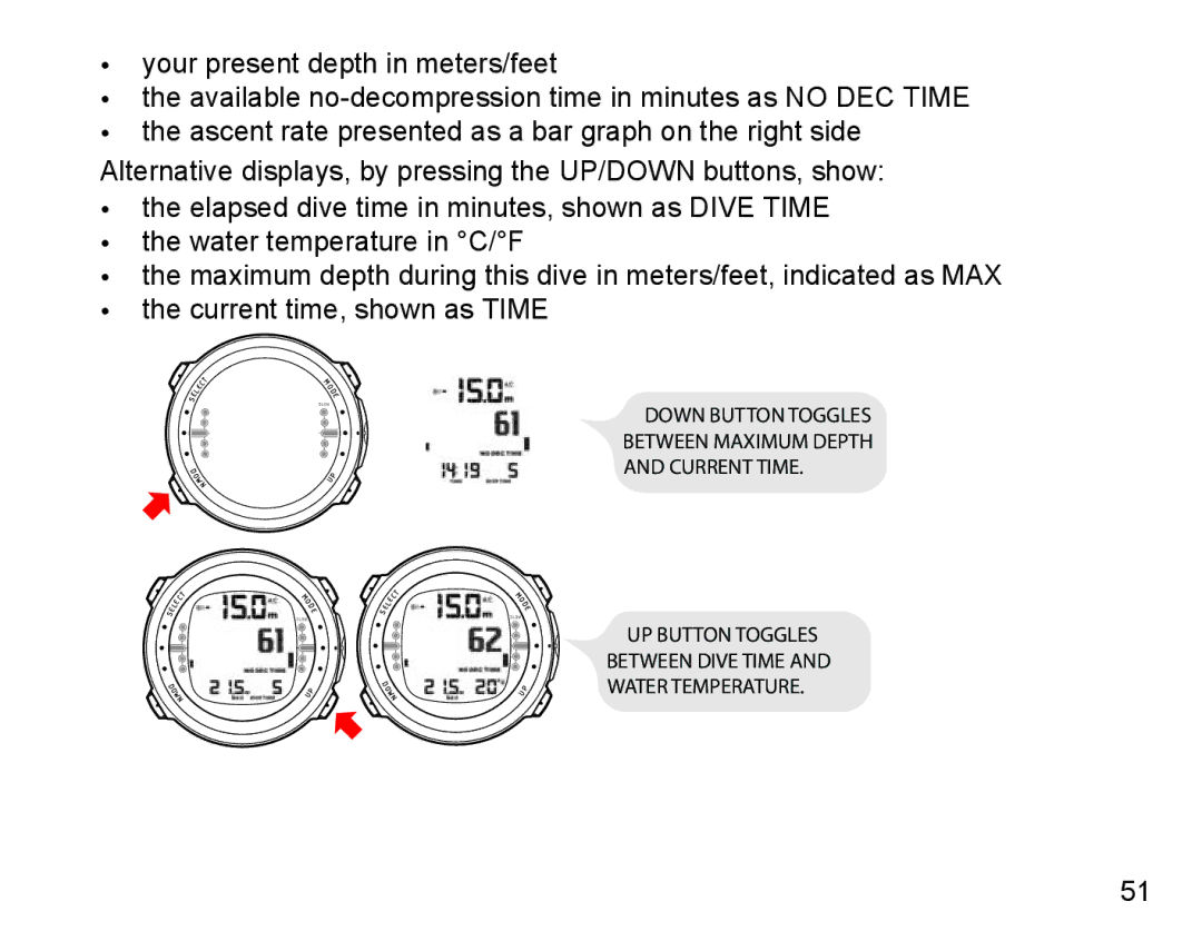 Suunto D4 manual Down Button Toggles Between Maximum Depth and Current Time 