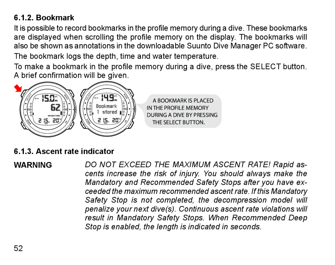 Suunto D4 manual Bookmark, Ascent rate indicator 