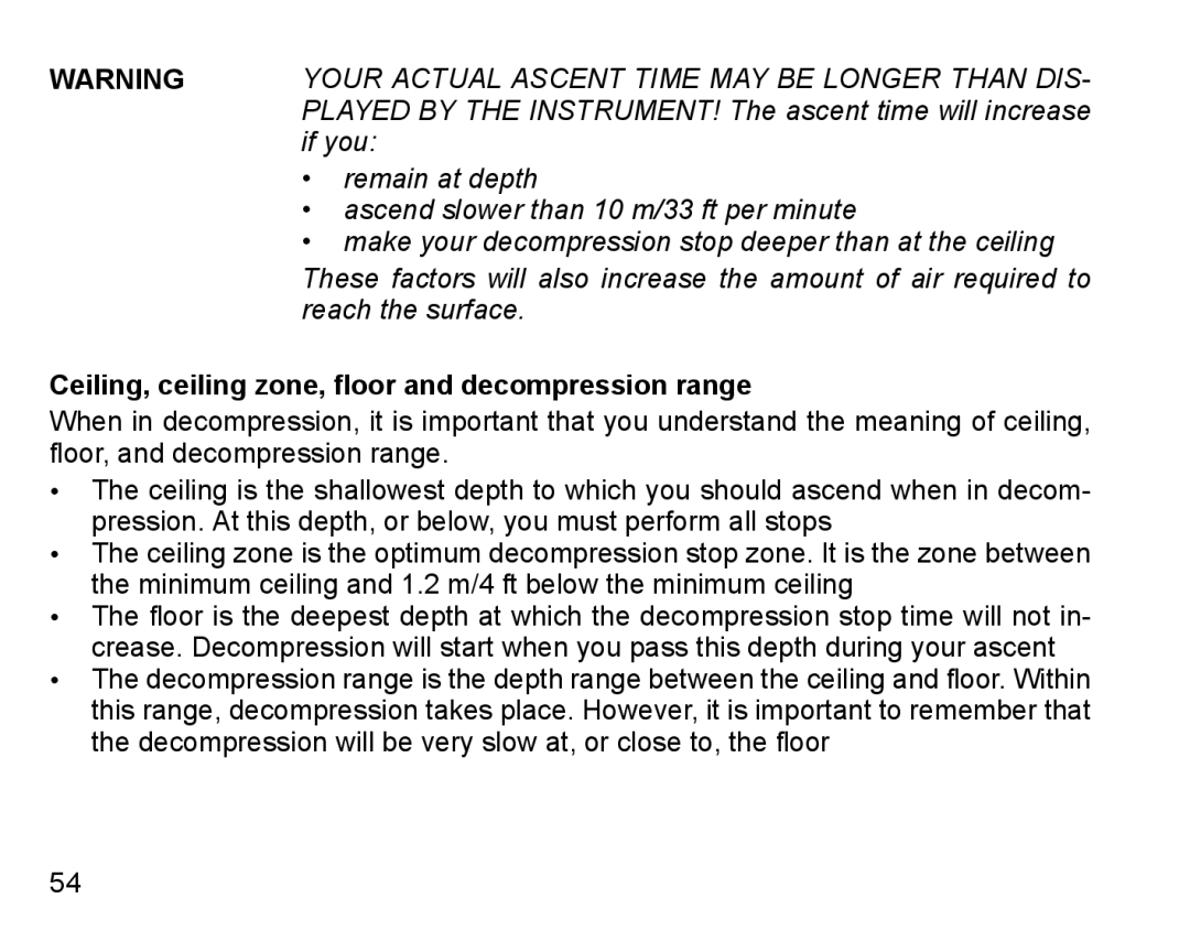 Suunto D4 manual Ceiling, ceiling zone, floor and decompression range 