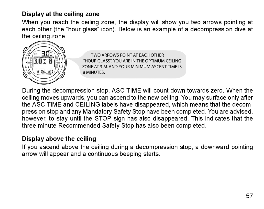 Suunto D4 manual Display at the ceiling zone, Display above the ceiling 