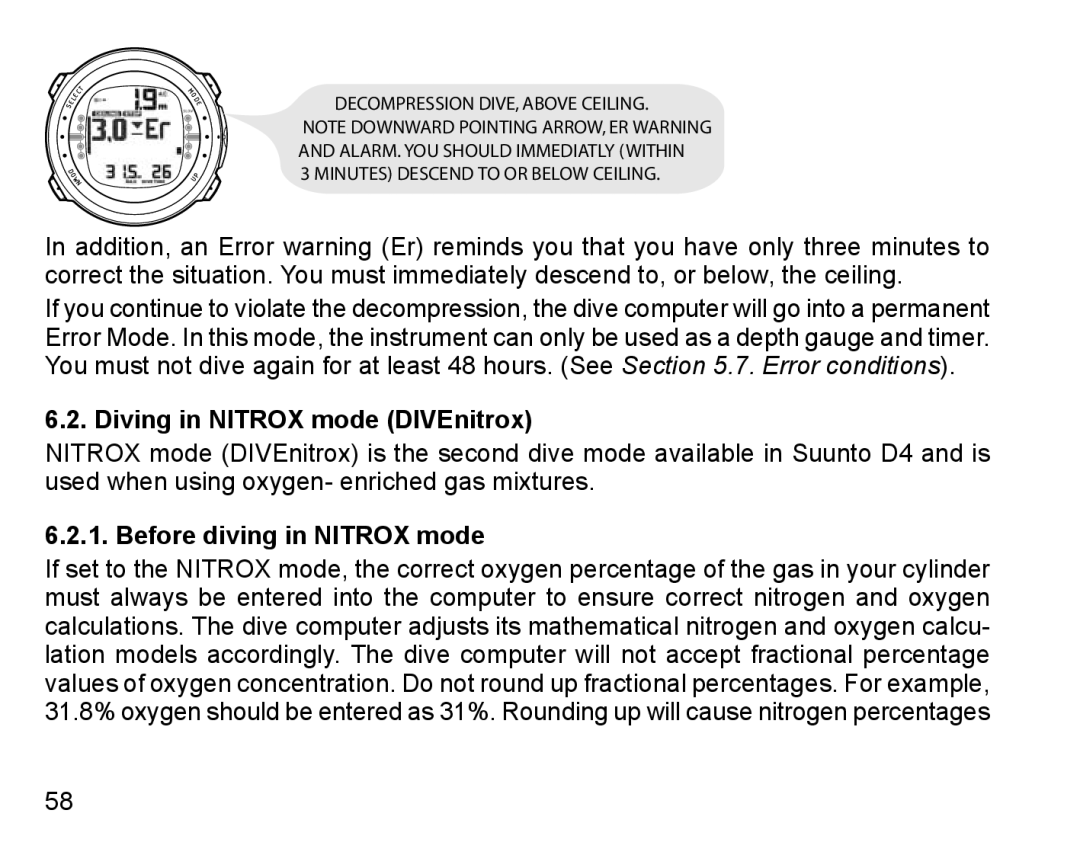 Suunto D4 manual Diving in Nitrox mode DIVEnitrox, Before diving in Nitrox mode 