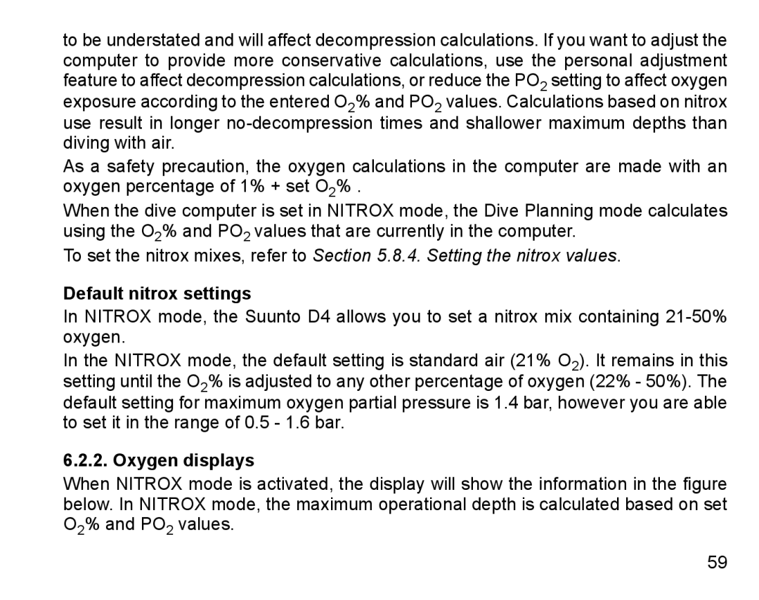 Suunto D4 manual Default nitrox settings, Oxygen displays 