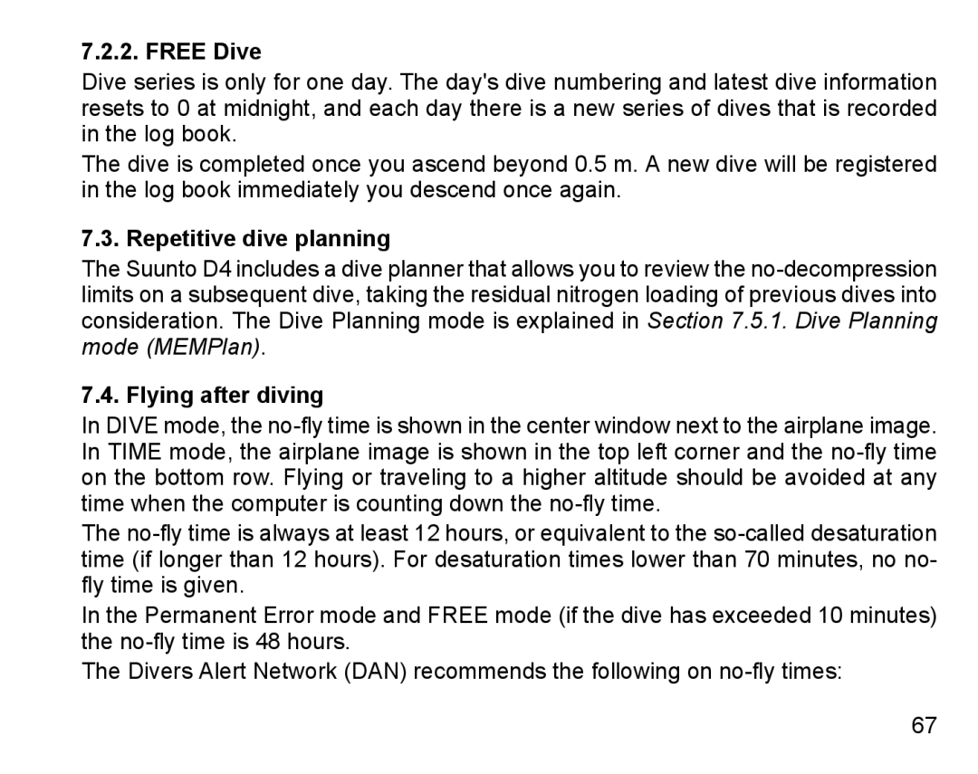 Suunto D4 manual Free Dive, Repetitive dive planning, Flying after diving 