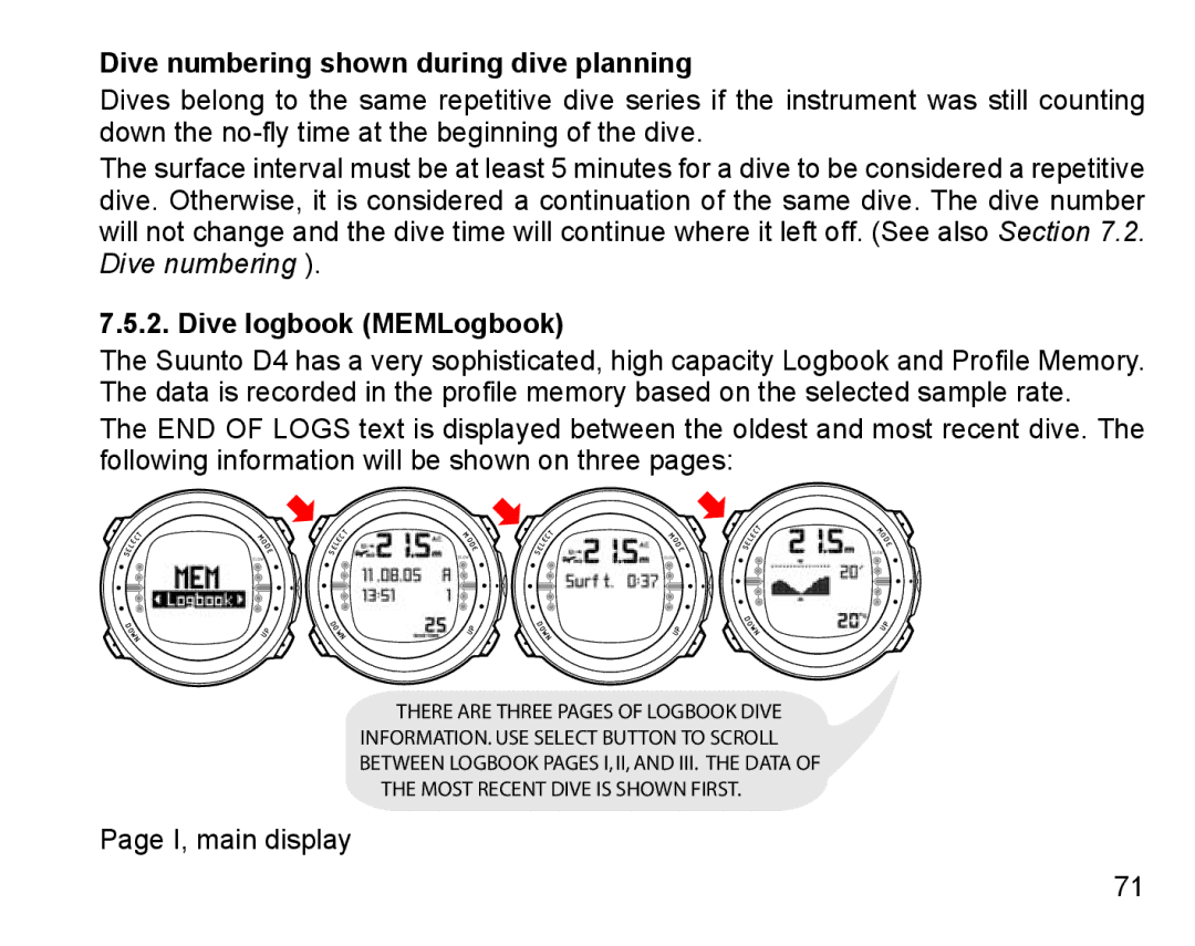 Suunto D4 manual Dive numbering shown during dive planning, Dive logbook MEMLogbook 