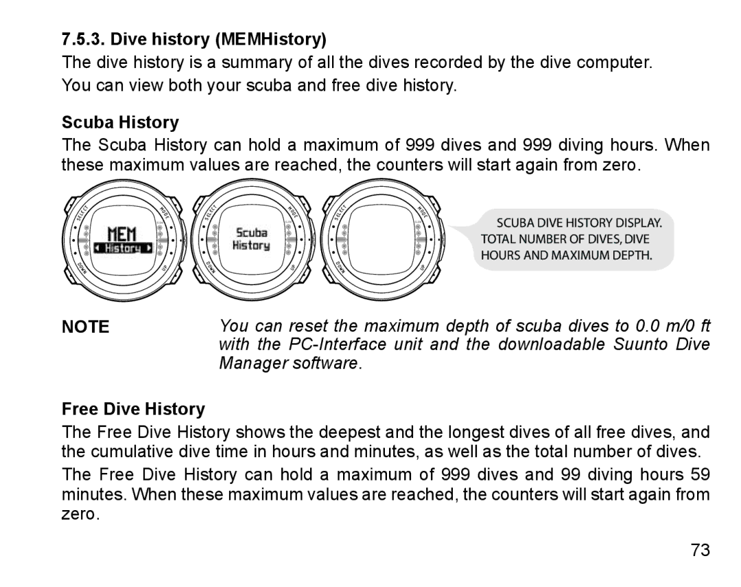 Suunto D4 manual Dive history MEMHistory, Scuba History, Free Dive History 