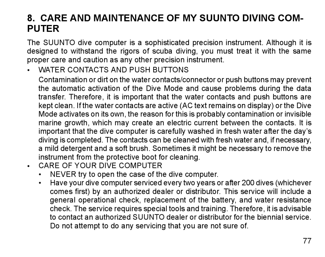 Suunto D4 manual Care and Maintenance of MY Suunto Diving COM- Puter, Water Contacts and Push Buttons 