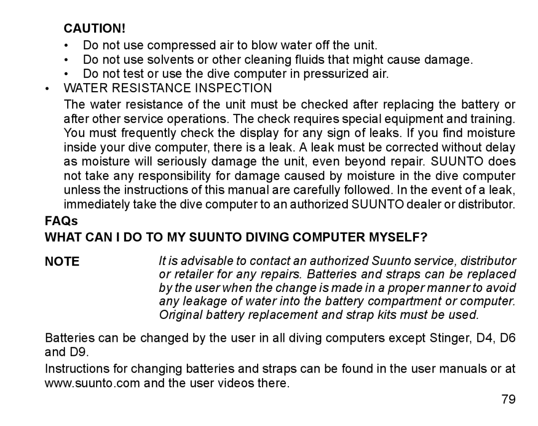 Suunto D4 manual Water Resistance Inspection, FAQs 