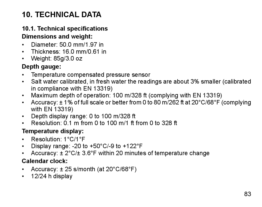 Suunto D4 manual Technical Data, Depth gauge, Temperature display, Calendar clock 