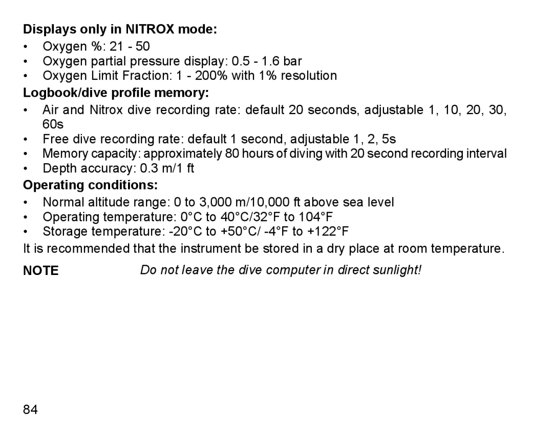 Suunto D4 manual Displays only in Nitrox mode, Logbook/dive profile memory, Operating conditions 