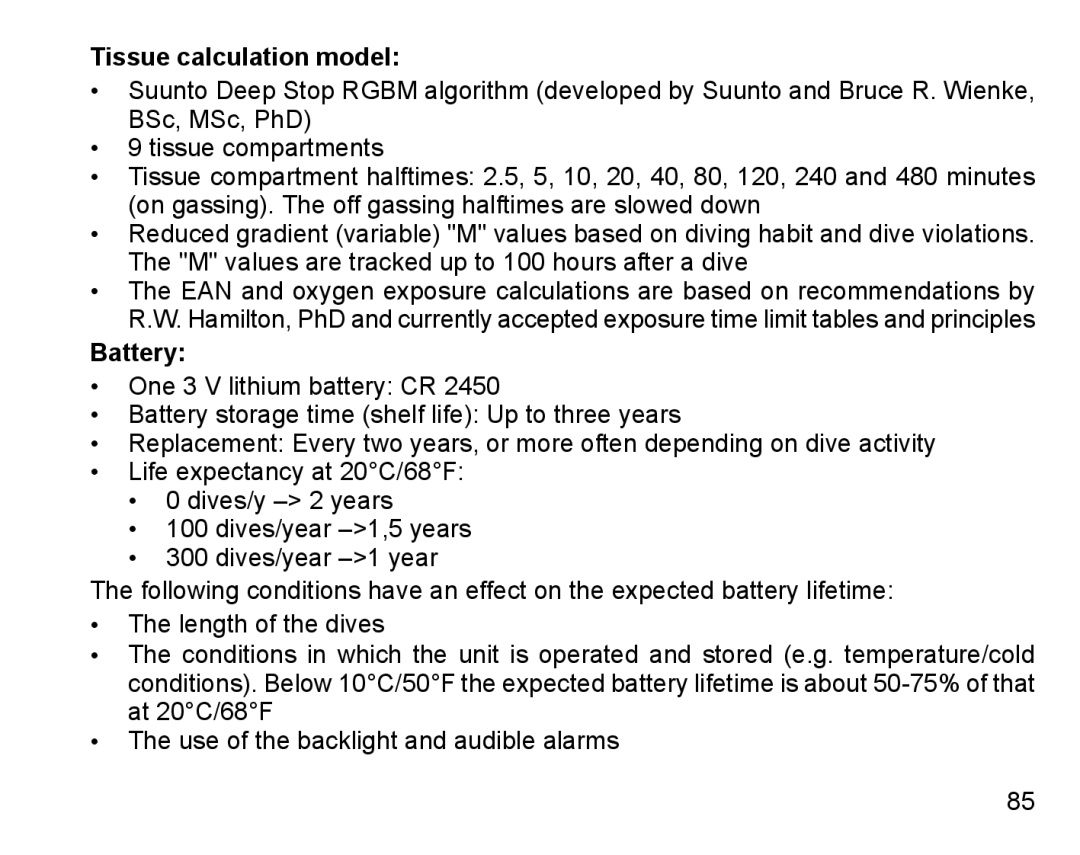 Suunto D4 manual Tissue calculation model, Battery 