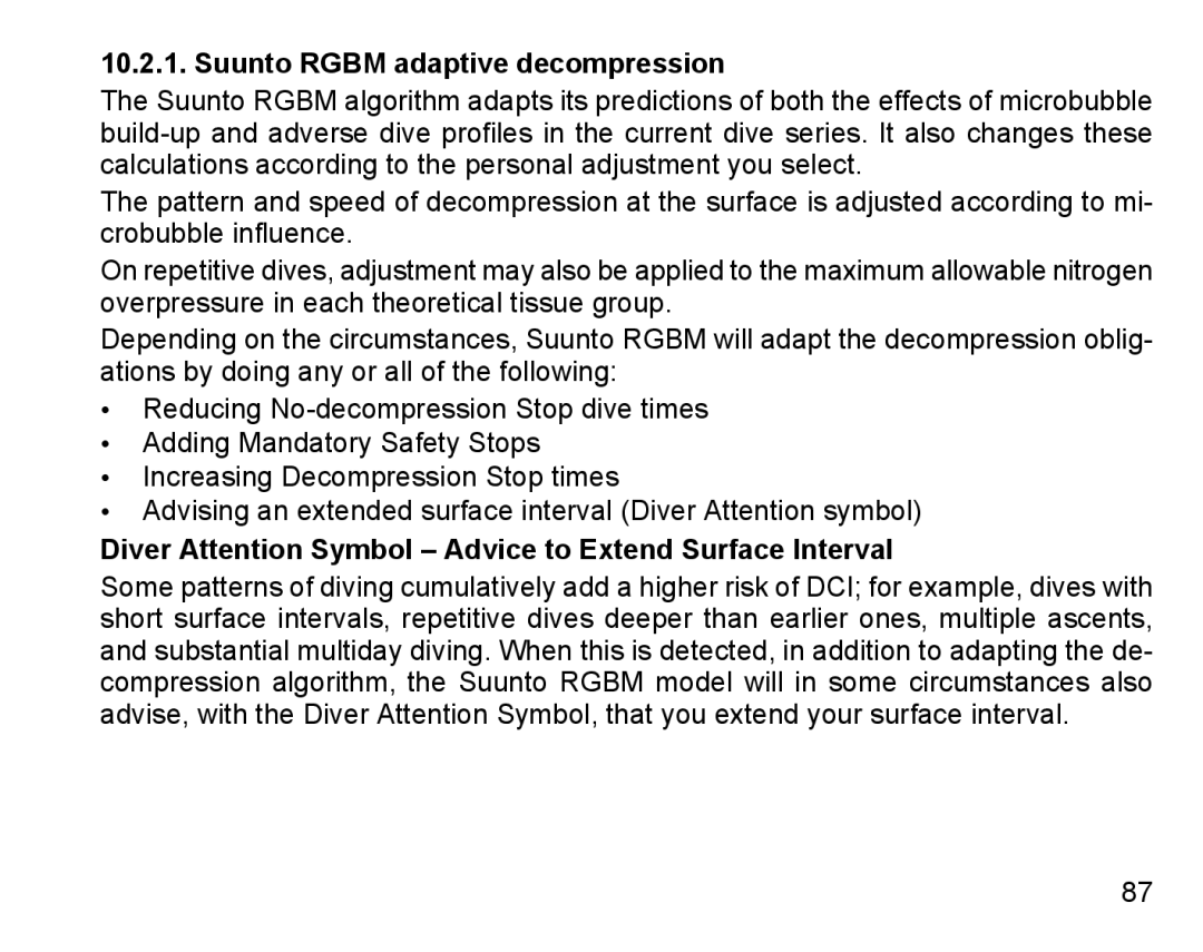 Suunto D4 manual Suunto Rgbm adaptive decompression, Diver Attention Symbol Advice to Extend Surface Interval 