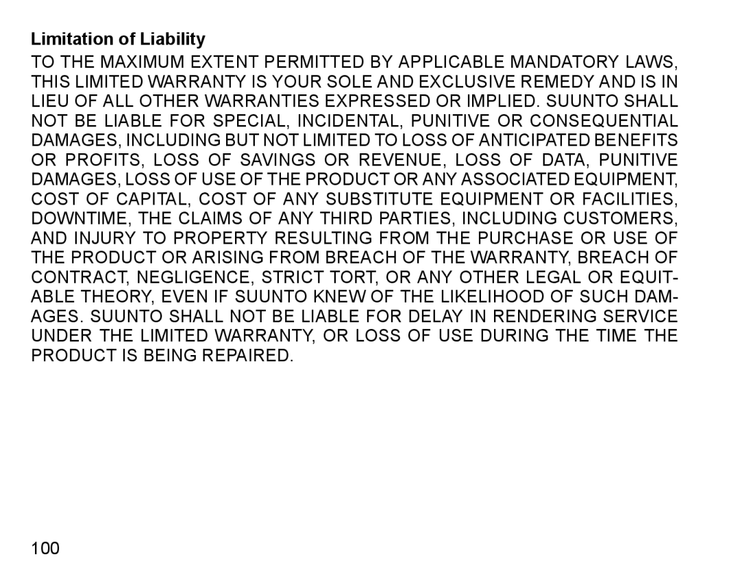 Suunto D4 manual Limitation of Liability 