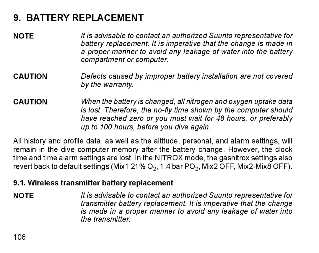 Suunto D6I manual Battery Replacement, Wireless transmitter battery replacement 