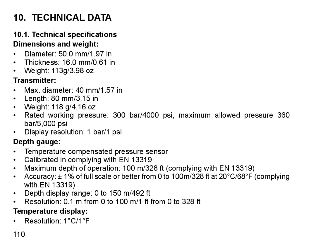 Suunto D6I manual Technical Data, Transmitter, Depth gauge, Temperature display 