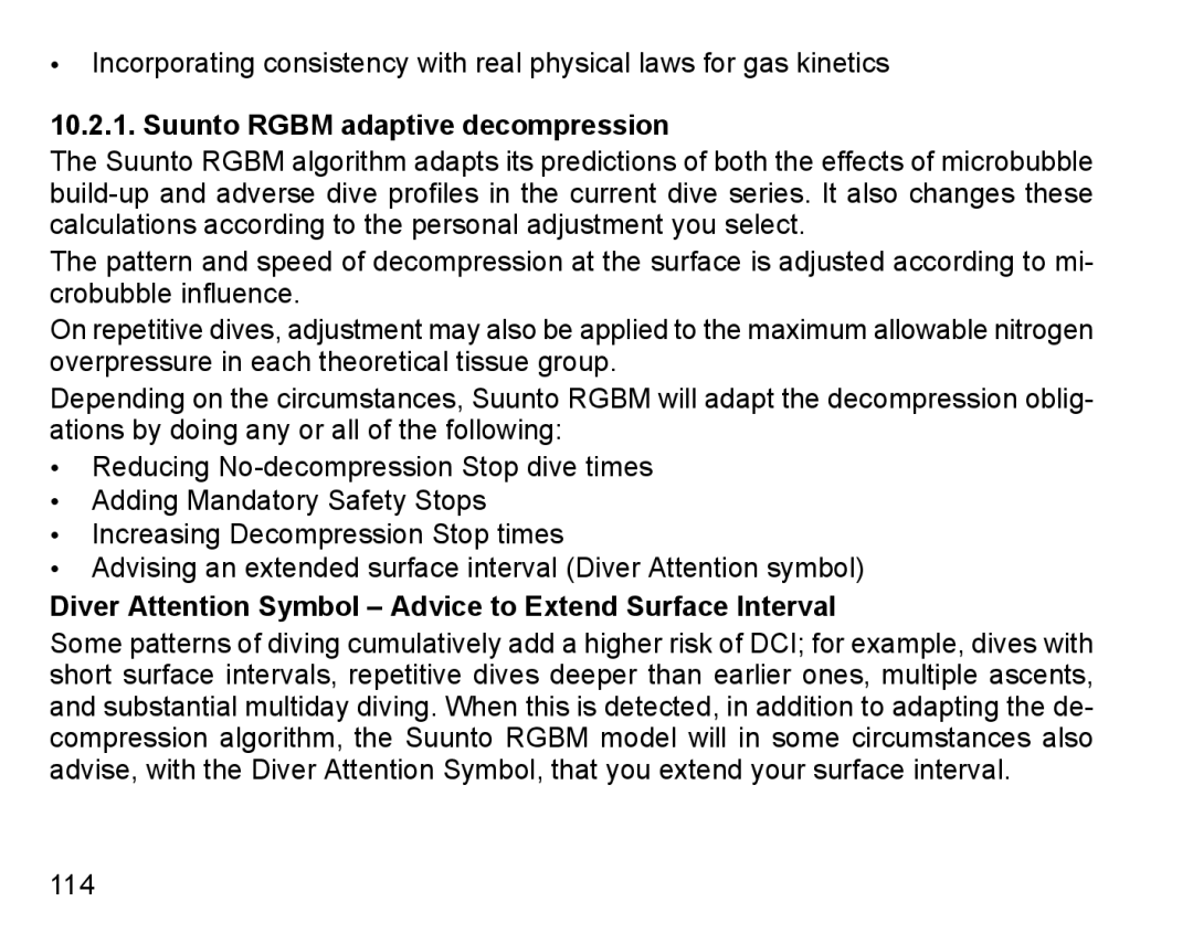 Suunto D6I manual Suunto Rgbm adaptive decompression, Diver Attention Symbol Advice to Extend Surface Interval 