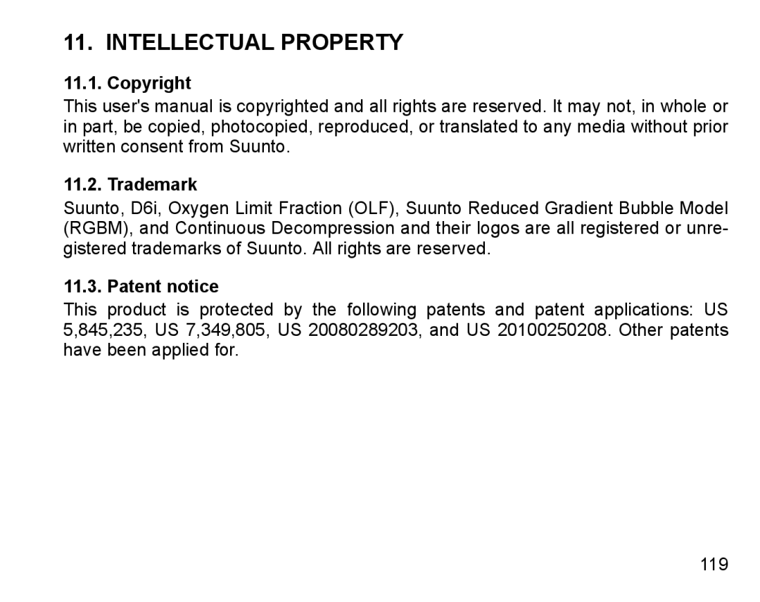 Suunto D6I manual Intellectual Property, Copyright Trademark, Patent notice 