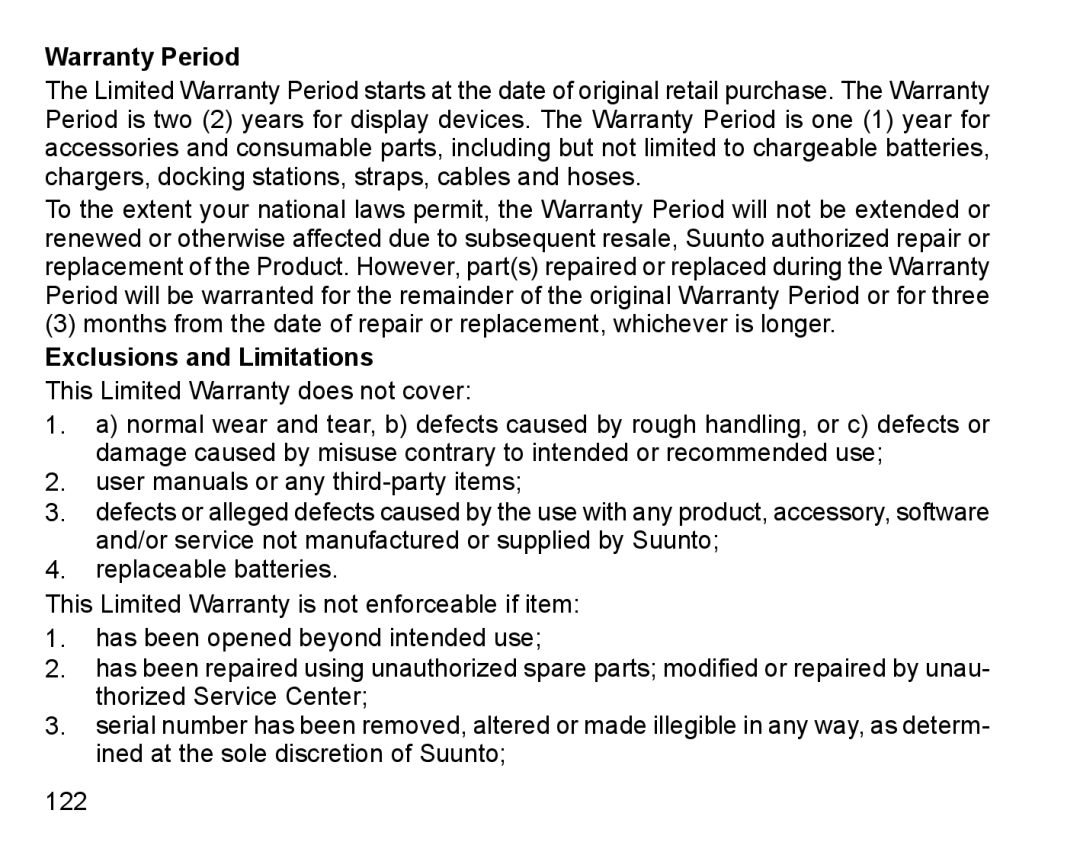 Suunto D6I manual Warranty Period, Exclusions and Limitations 